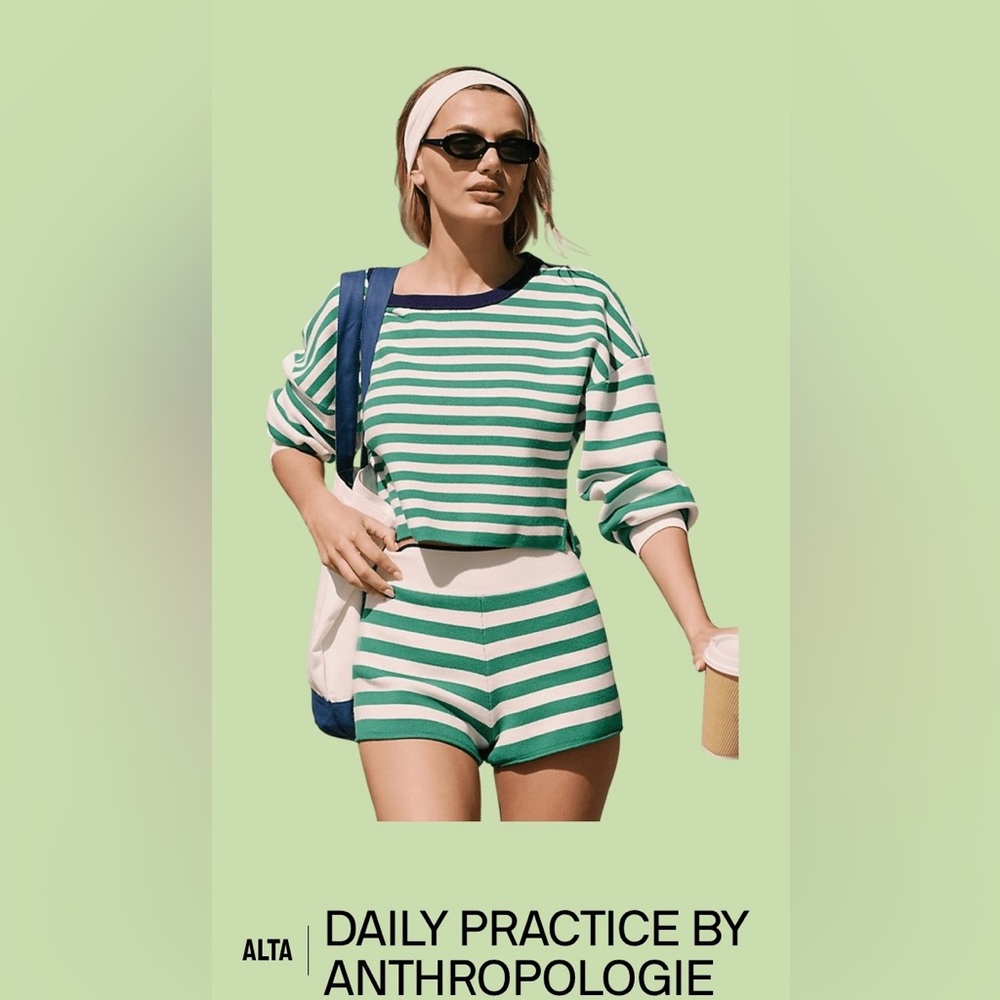 NWT! Daily Practice by Anthropologie Green Striped Cropped Sweater Sweatshirt L